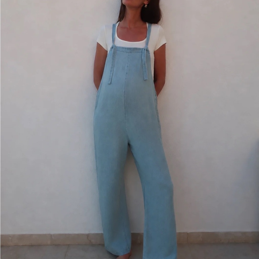 Light Blue Women's Denim Overalls- maternity friendly Bumpsuit brand